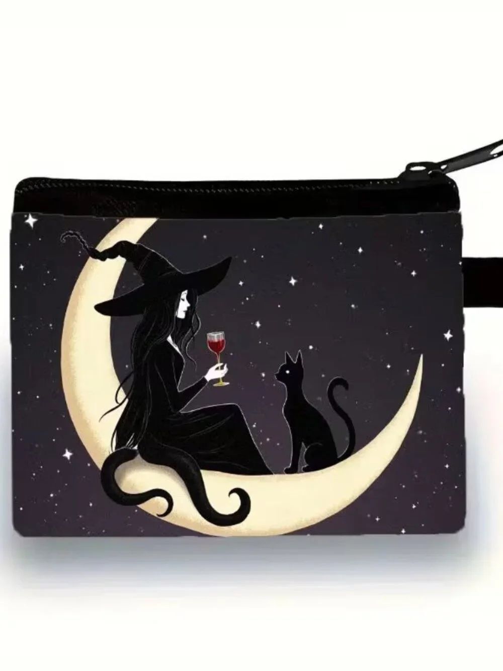 Halloween Gothic Witch w Red Wine and Cat Makeup Bag Double-Sided 4.1"h x 5.5"w